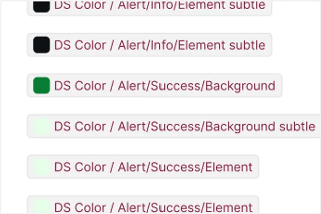 A Variables table listing token names, applied roles, and raw values