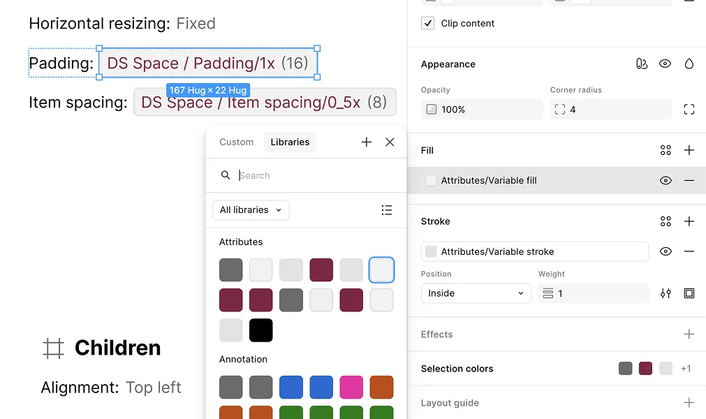 Figma's variable picker open on a Fill property, showing the Specs collection's Attributes and Annotation color variables available to apply like any other Figma variable