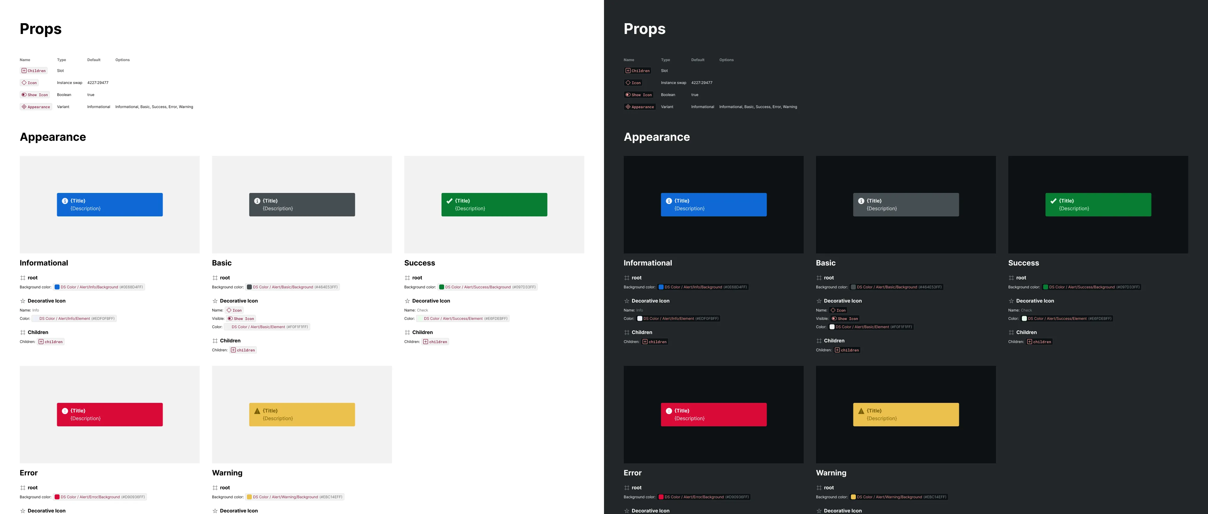 A Props section shown twice side by side — the same spec in Light mode on the left and Dark mode on the right