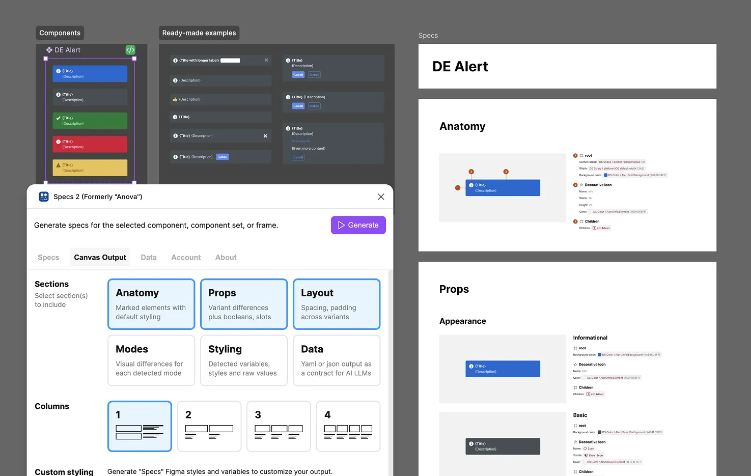 Composite view of the Specs plugin in Figma: the plugin UI panel alongside a generated on-canvas spec output and the structured spec data it extracts.