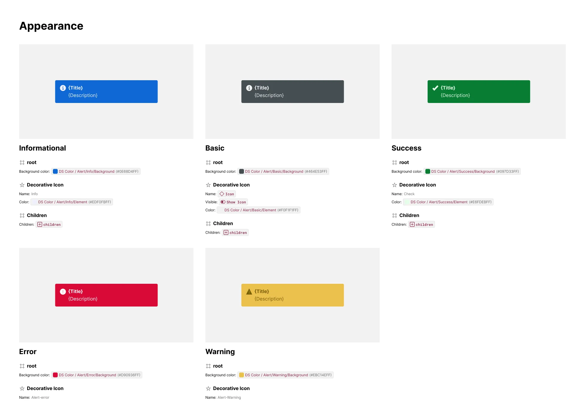 An Alert component's Appearance section tiled into a 3-column grid, with Informational, Basic, and Success exhibits in the first row and Error and Warning wrapping to a second row