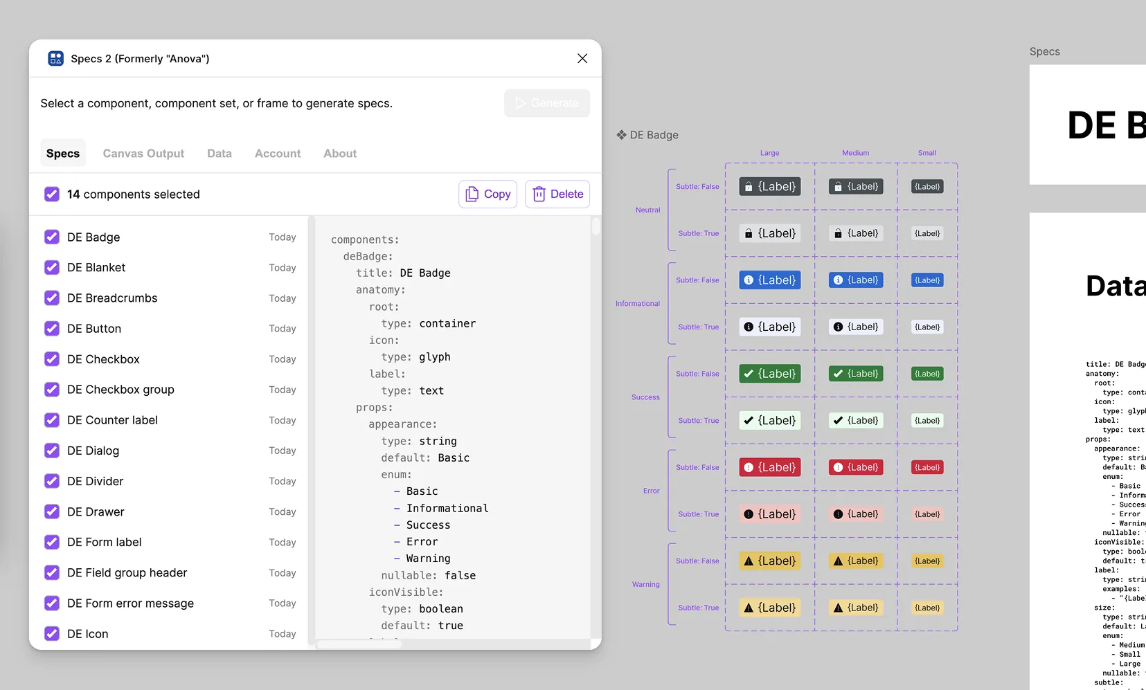 The Specs plugin's Data tab open for a DE Badge component, showing the Copy button next to the generated YAML, with the component's Figma artwork and generated Data spec visible behind it