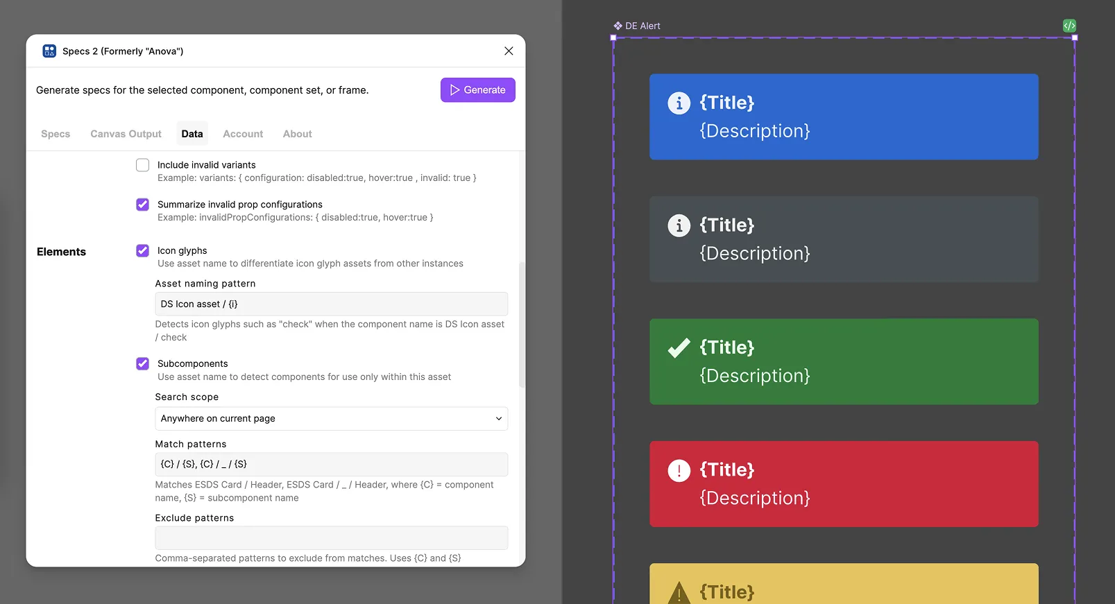 The Specs plugin's Data settings, showing Elements options like Icon glyphs and Subcomponents with their asset naming patterns and search scope, alongside a DE Alert component's artwork