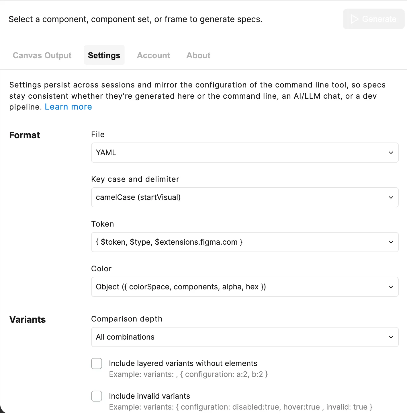 The plugin's Settings tab, showing the Format section with File, Key case and delimiter, Token, and Color options
